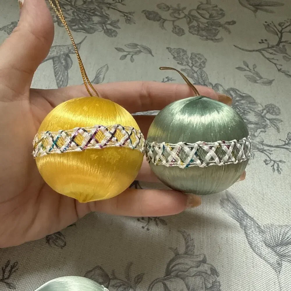 Vintage Satin Unbreakable Christmas Ornaments Lot 6 Colorful Pastel Sparkle